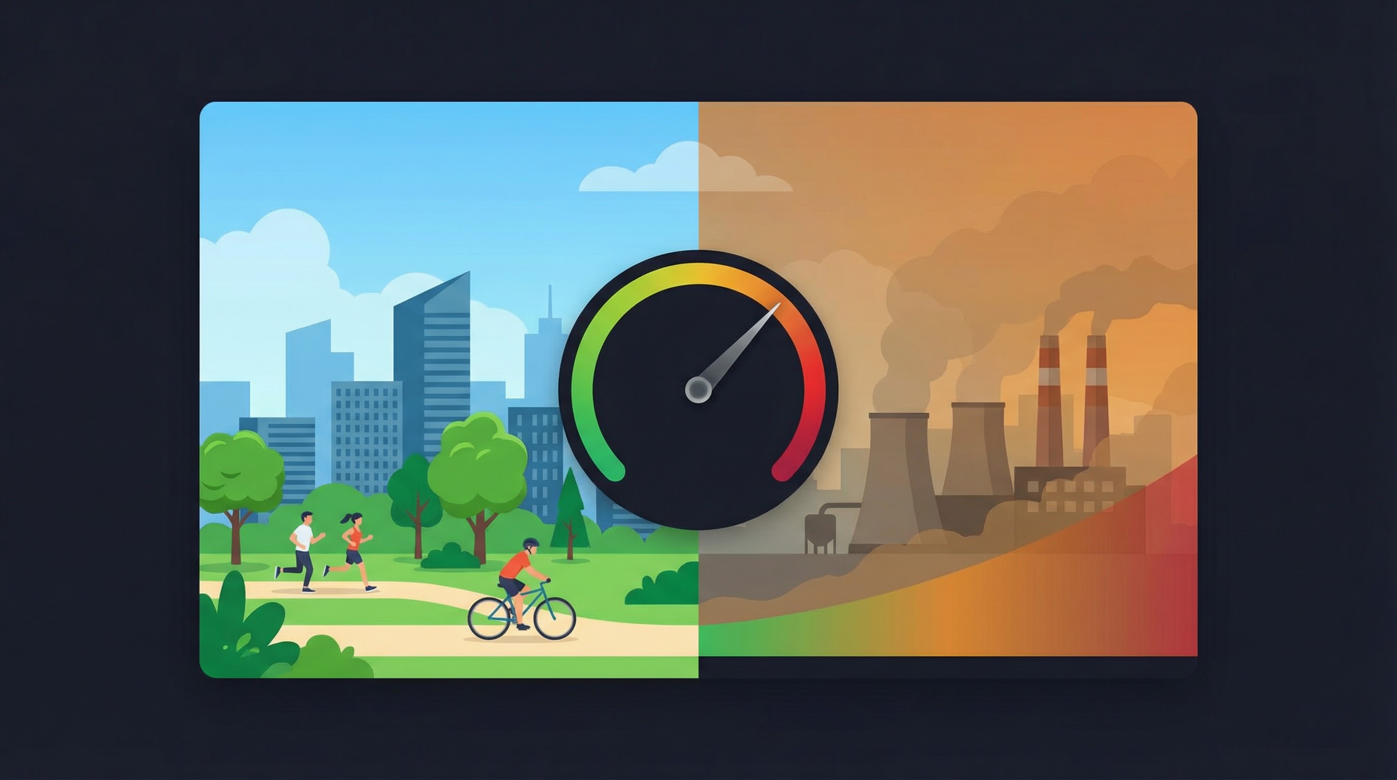 City split between clean air with people exercising in a park and polluted air with industrial smokestacks, with an AQI gauge in the center