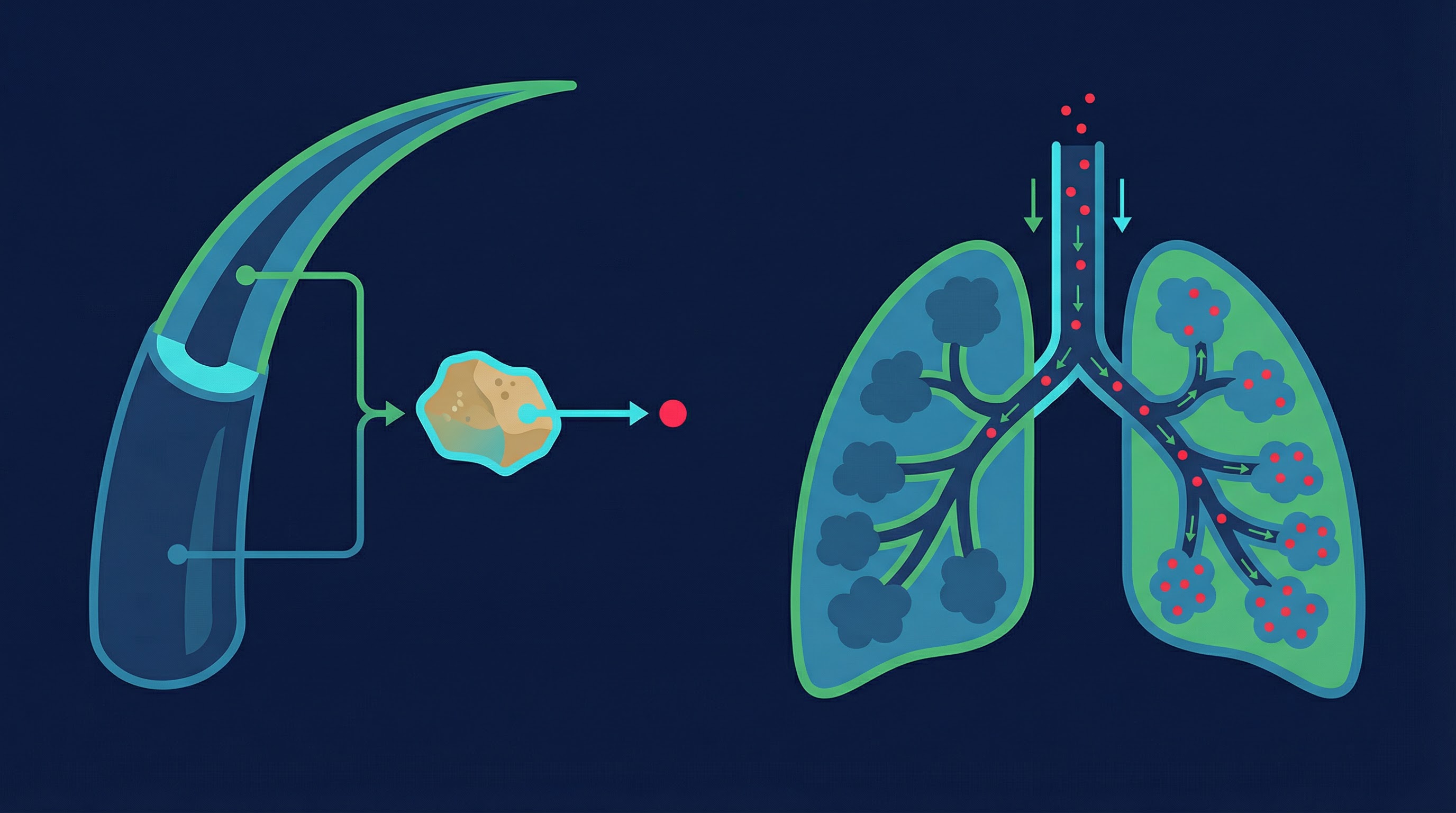 PM2.5 particle size comparison with human hair and sand grain, and diagram showing particles penetrating deep into the lungs