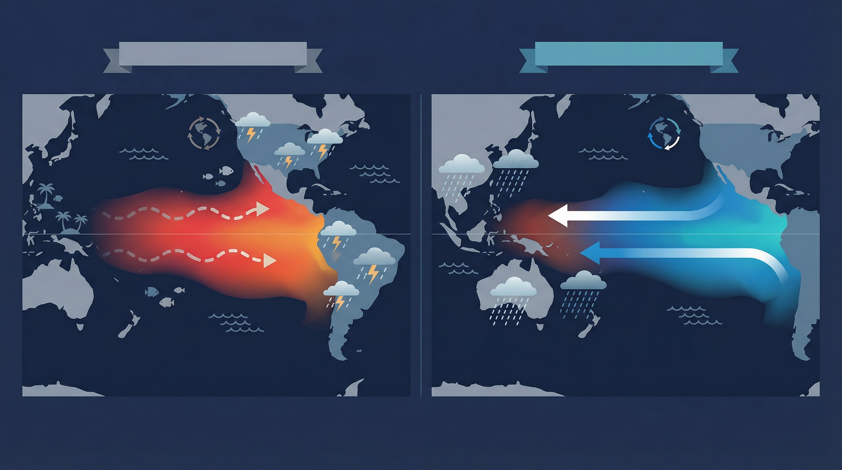 Side-by-side comparison of El Nino and La Nina showing warm and cool Pacific Ocean water patterns and their effects on rainfall