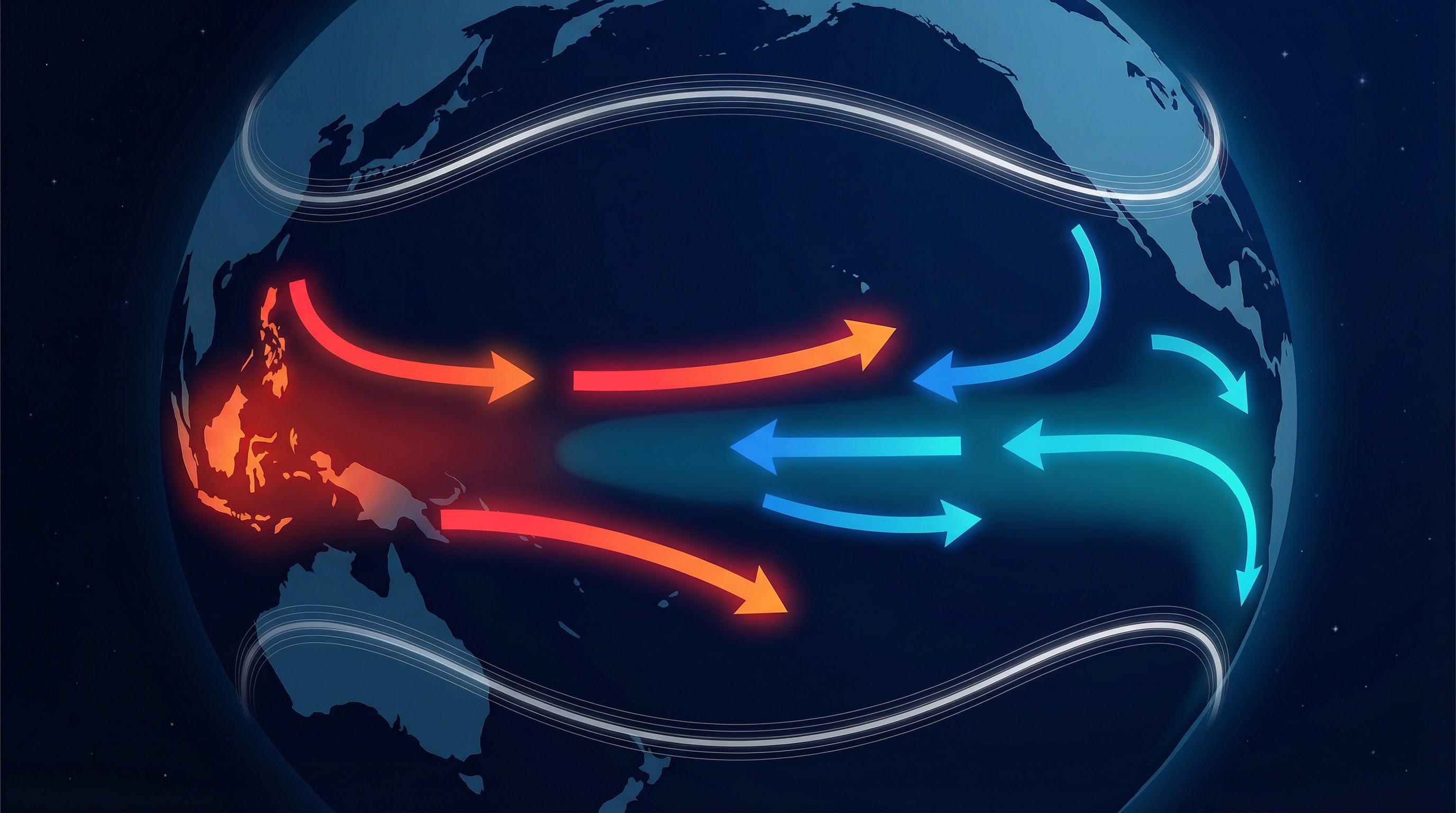 Earth from space showing Pacific Ocean currents with El Nino warm water in red and La Nina cool water in blue, jet stream flow lines visible