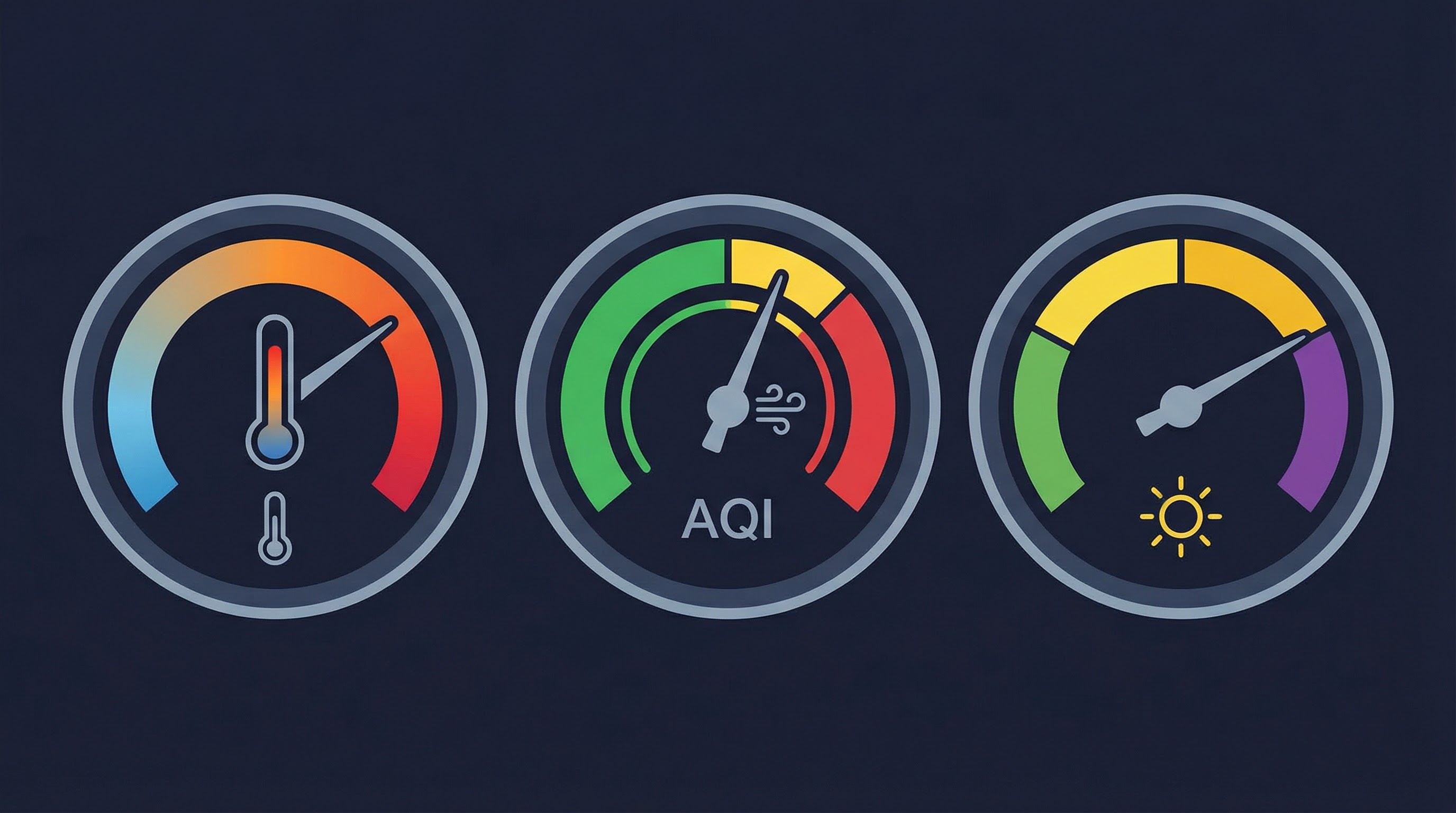 Three circular gauges showing temperature, AQI, and UV index — the three checks before outdoor activities