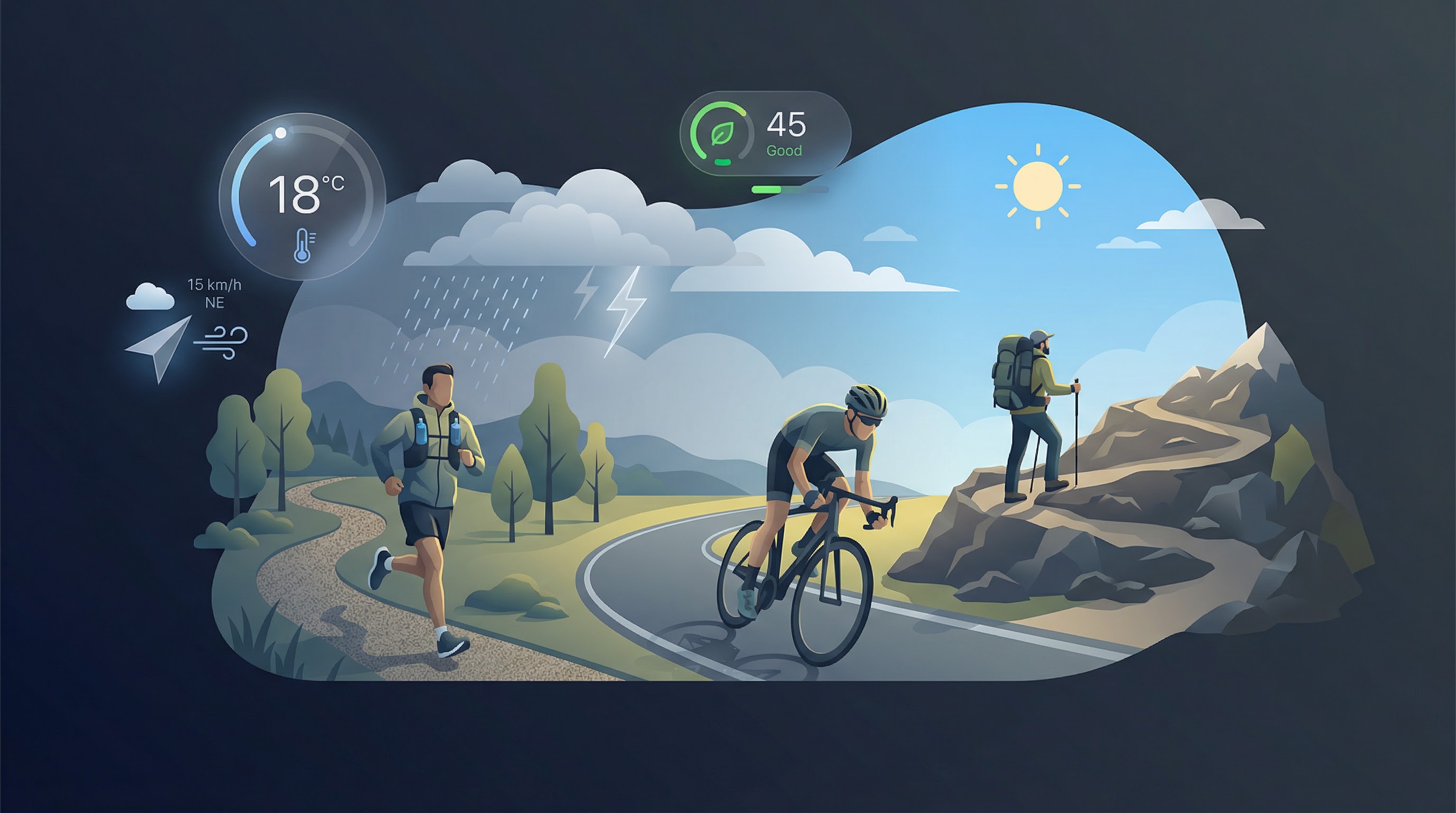 Runner, cyclist, and hiker in an outdoor landscape with weather data overlays showing temperature, AQI, and wind conditions