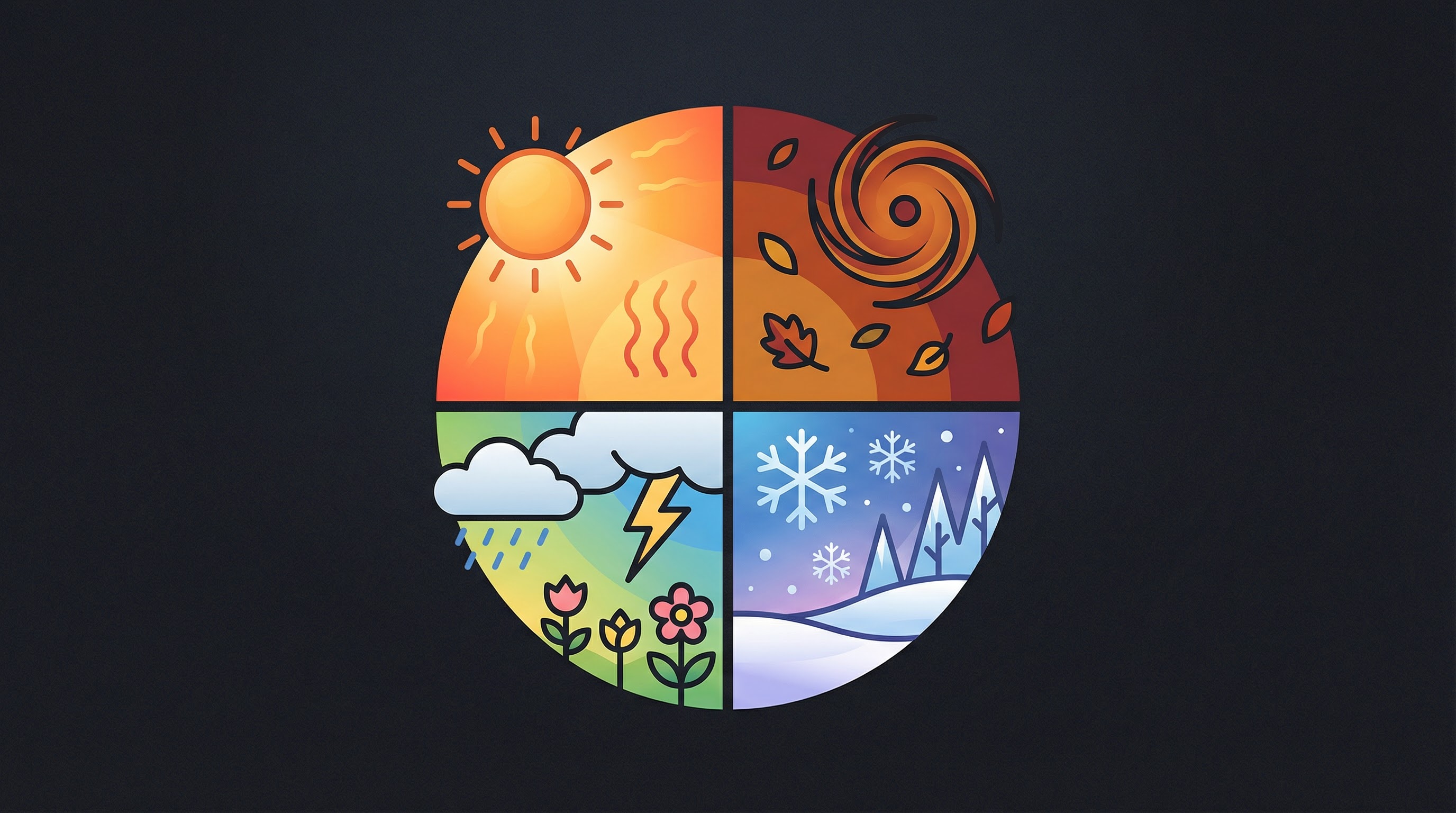 Circular four-quadrant illustration showing summer sun and heat waves, autumn hurricane, winter snowflakes, and spring rain with lightning