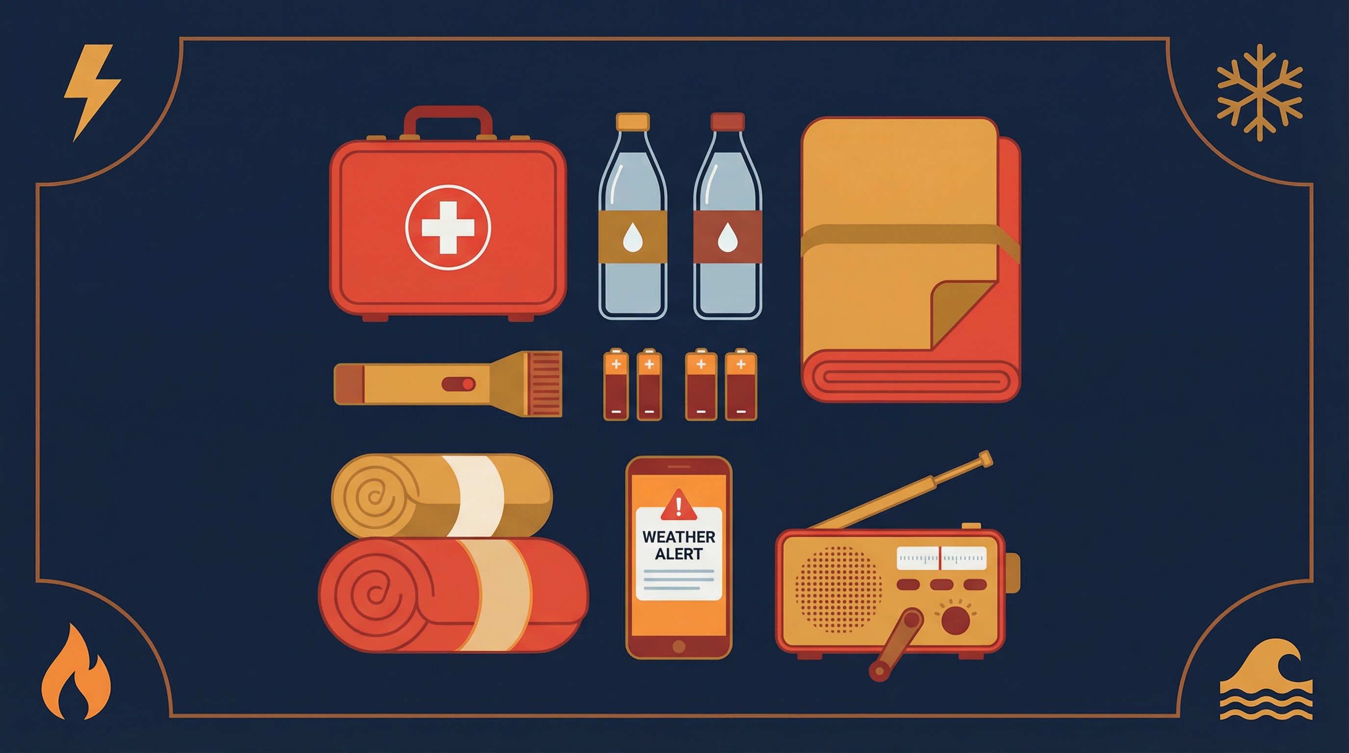 Emergency preparedness kit with first aid supplies, water bottles, flashlight, batteries, blankets, phone with weather alert, and emergency radio