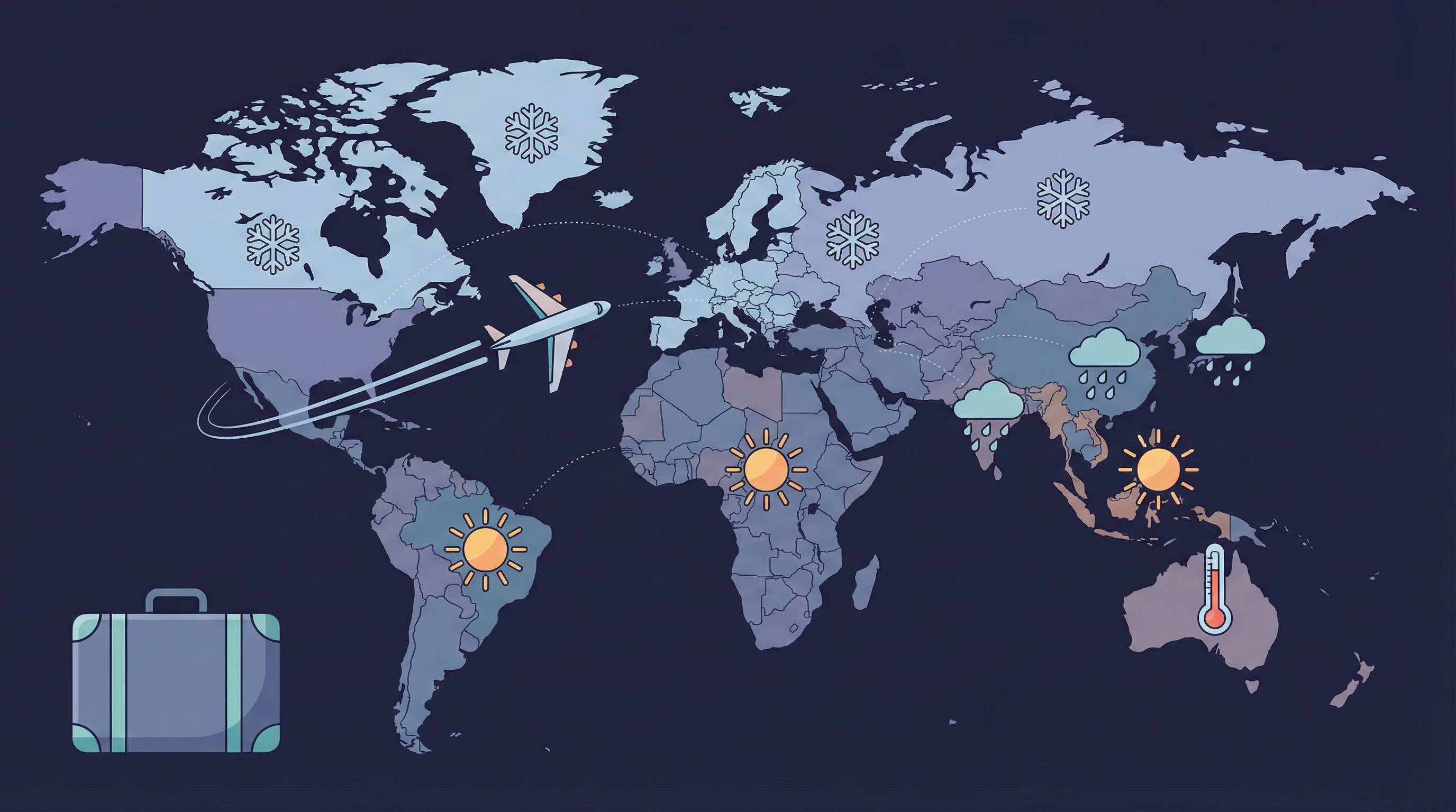 World map with airplane, suitcase, and climate icons over different regions — snowflakes, sun, rain clouds, and thermometer