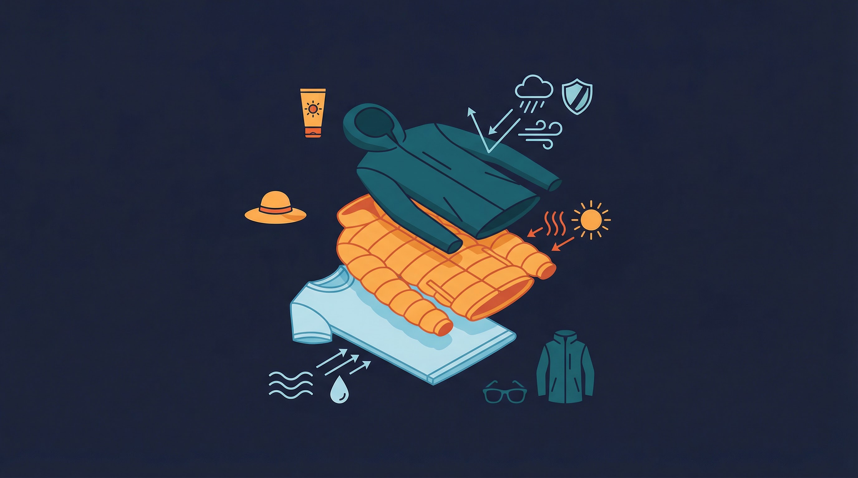 Clothing layering system for travel: moisture-wicking base layer, insulating mid-layer, and waterproof shell with travel accessories