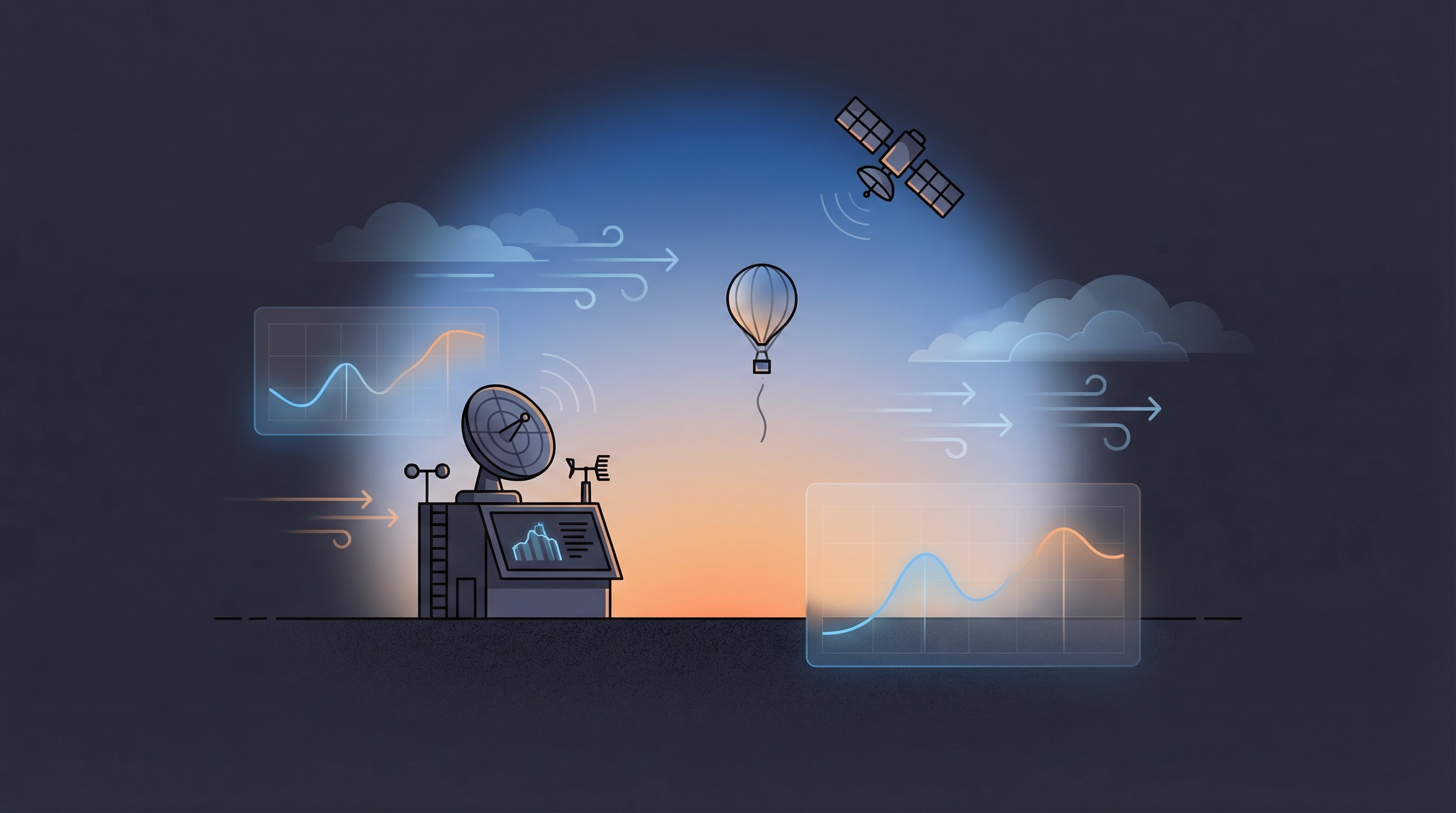 Weather station with radar, weather balloon, satellite, and data visualization graphs illustrating how weather forecasts are created