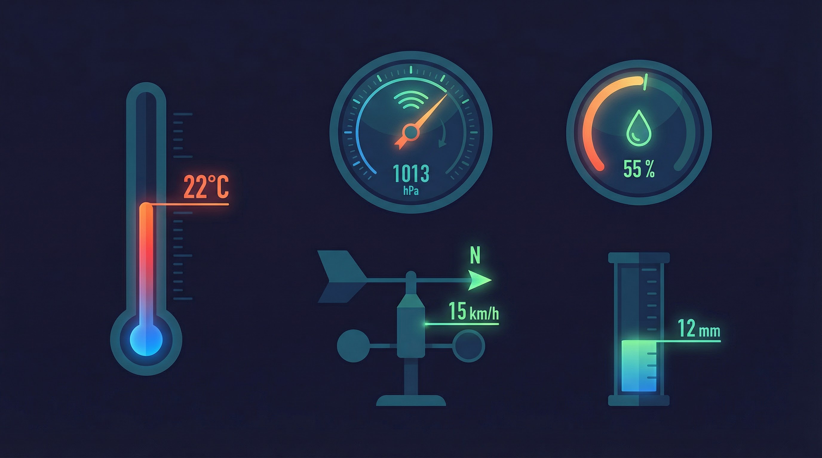 Weather measurement instruments: thermometer, barometer, hygrometer, wind vane, and rain gauge with digital readouts